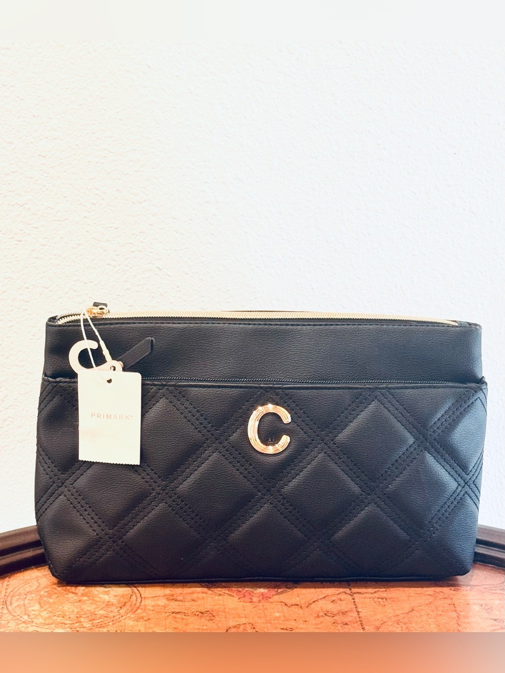 Primark Black Quilted Clutch Cosmetic Bag with Gold C Accent NWT